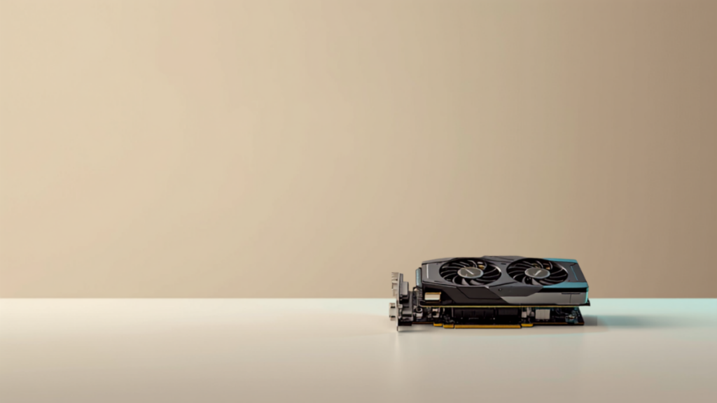 Configuration PC pour DaVinci Resolve : carte graphique posée sur un bureau, le composant le plus important