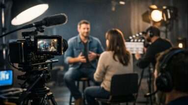 Tournage vidéo professionnel avec caméra sur trépied, micro directionnel et équipe technique filmant une interview en studio.