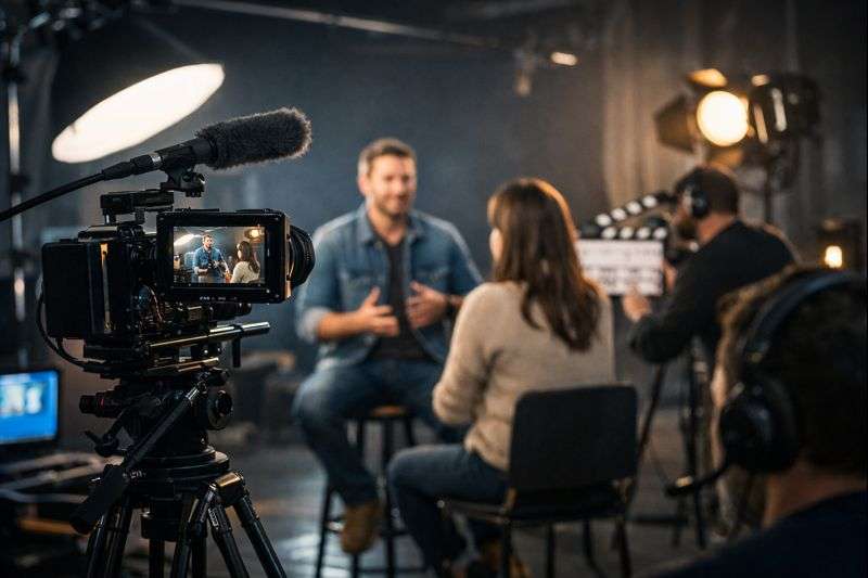 Tournage vidéo professionnel avec caméra sur trépied, micro directionnel et équipe technique filmant une interview en studio.