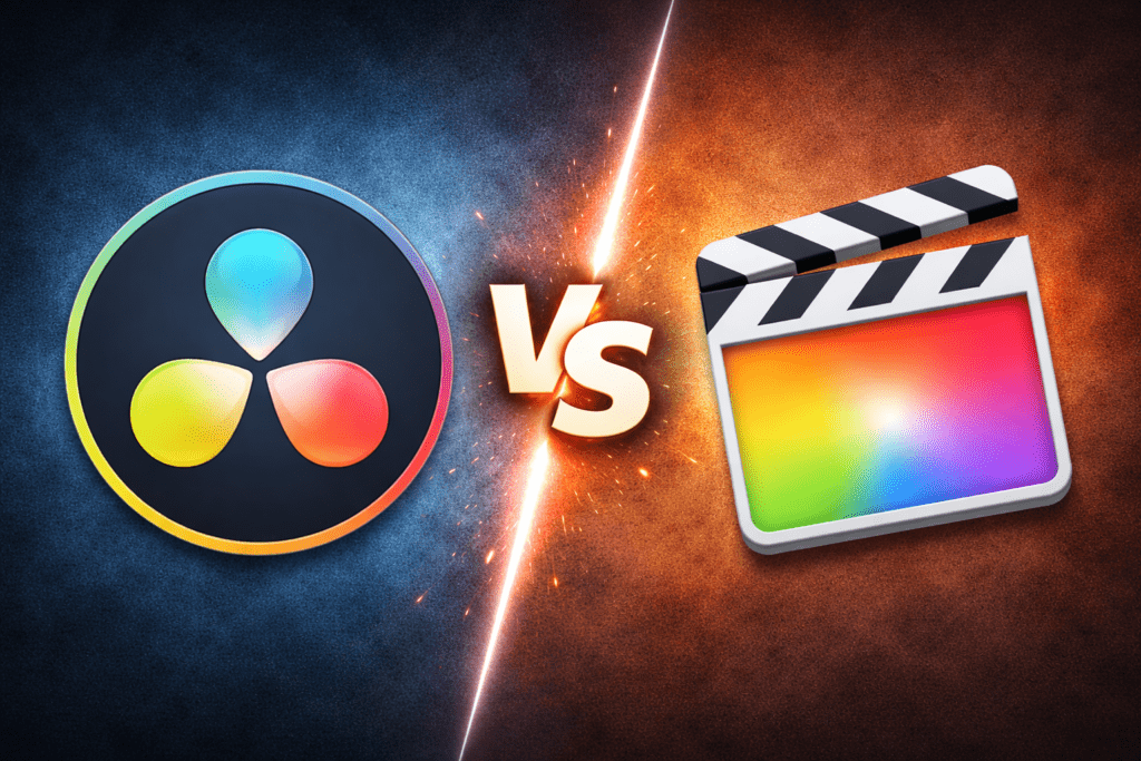 Comparaison visuelle entre les logos de DaVinci Resolve et Final Cut sur fond scindé avec contraste de couleurs
