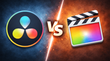 Comparaison visuelle entre les logos de DaVinci Resolve et Final Cut sur fond scindé avec contraste de couleurs