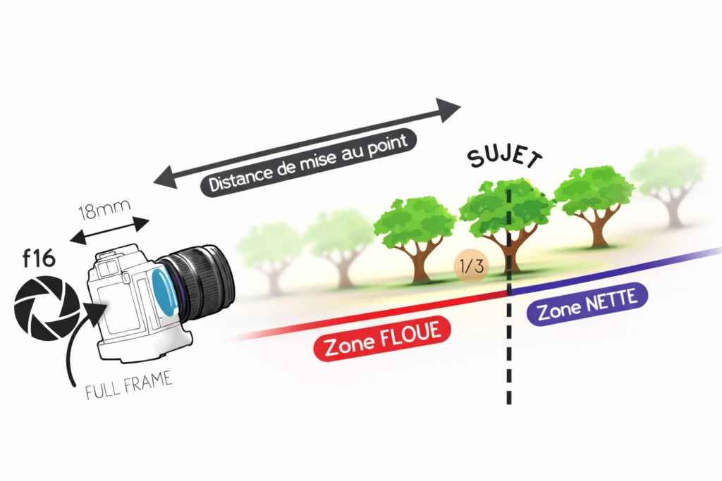 Illustration pédagogique de la profondeur de champ montrant la zone nette et la zone floue autour du sujet.