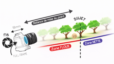 Illustration pédagogique de la profondeur de champ montrant la zone nette et la zone floue autour du sujet.