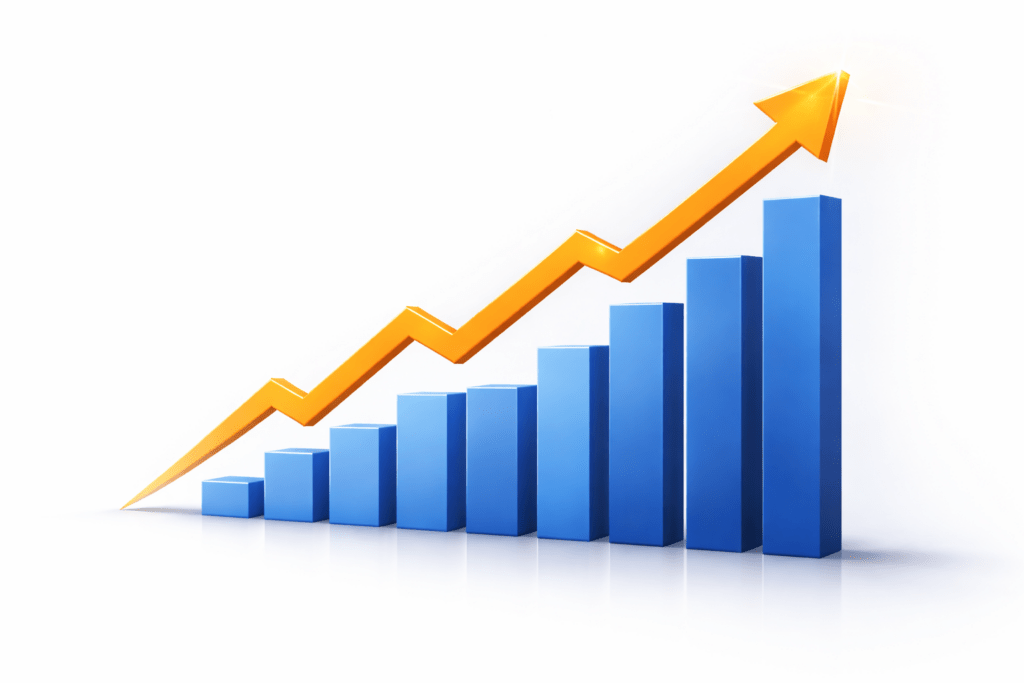 Graphique de croissance avec flèche orange ascendante illustrant le développement d’une activité de vidéaste rentable.