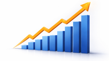 Graphique de croissance avec flèche orange ascendante illustrant le développement d’une activité de vidéaste rentable.